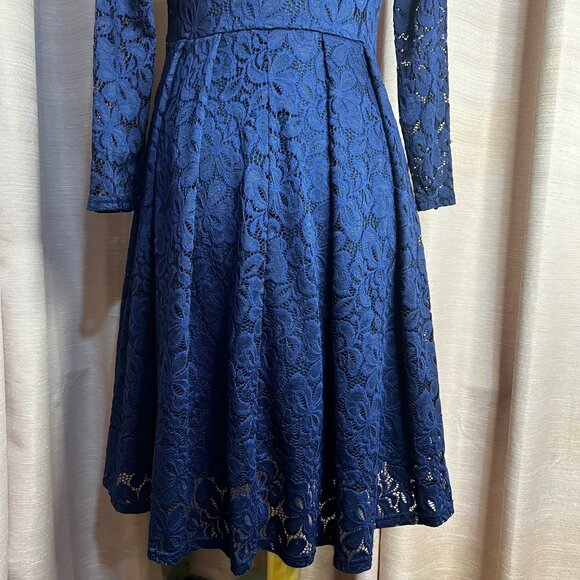Missmay Navy Blue Lace Long Sleeve Cocktail Dress L Women Elegant Fit Homecoming - Picture 10 of 16